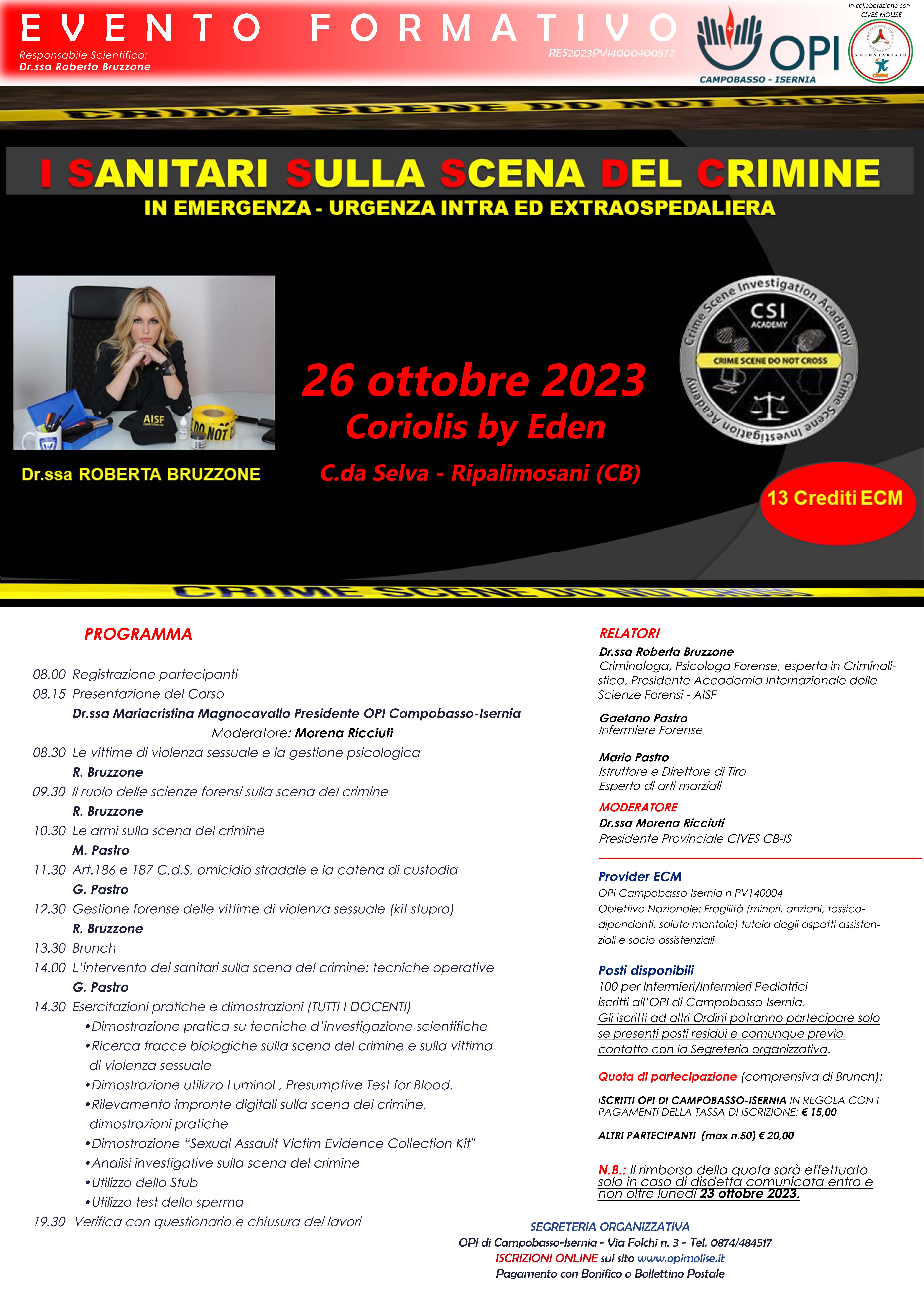 Evento formativo: I Sanitari sulla scena del crimine in emergenza – urgenza intra ed extraospedaliera